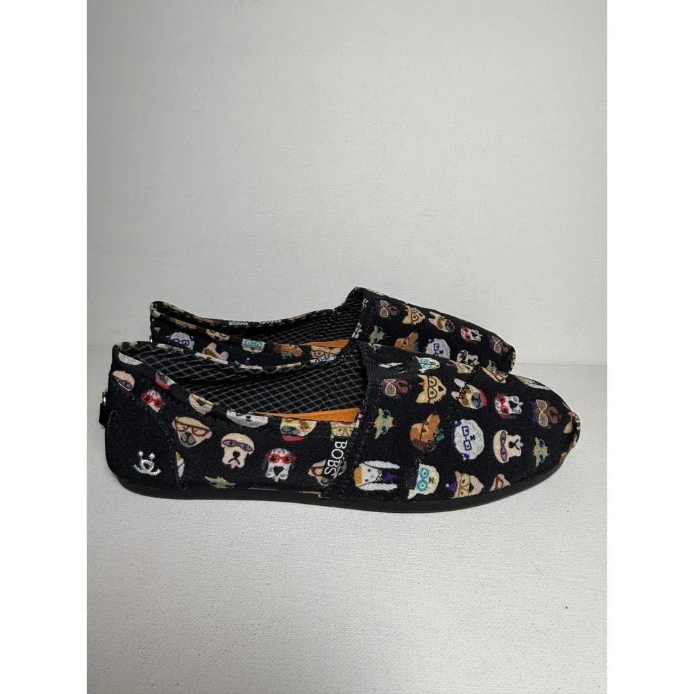 Skechers BOBS for Dogs Black Multi Dog Print Slip On Flats Women's 7.5